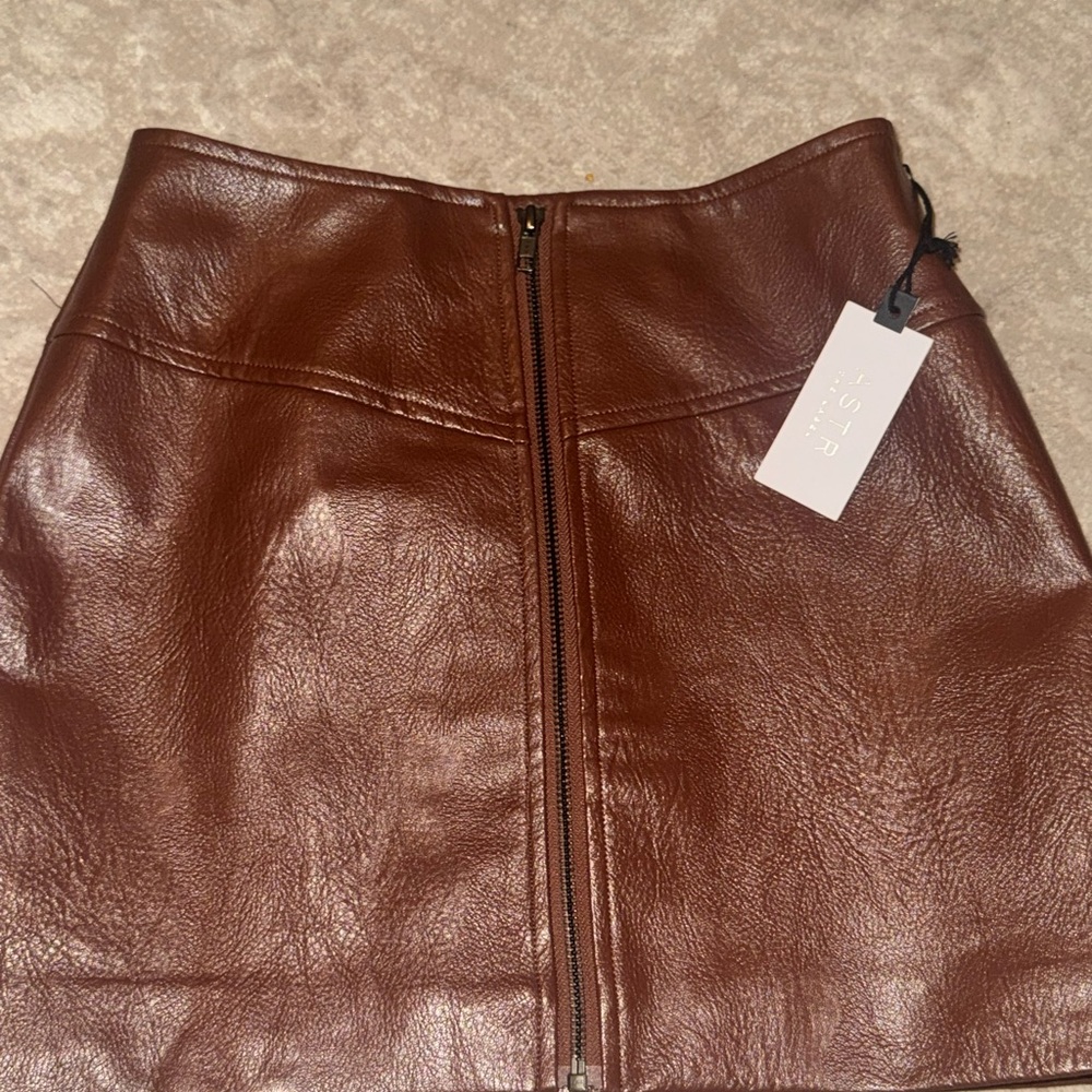 Astr Brown Faux Leather A-Line Mini Skirt
